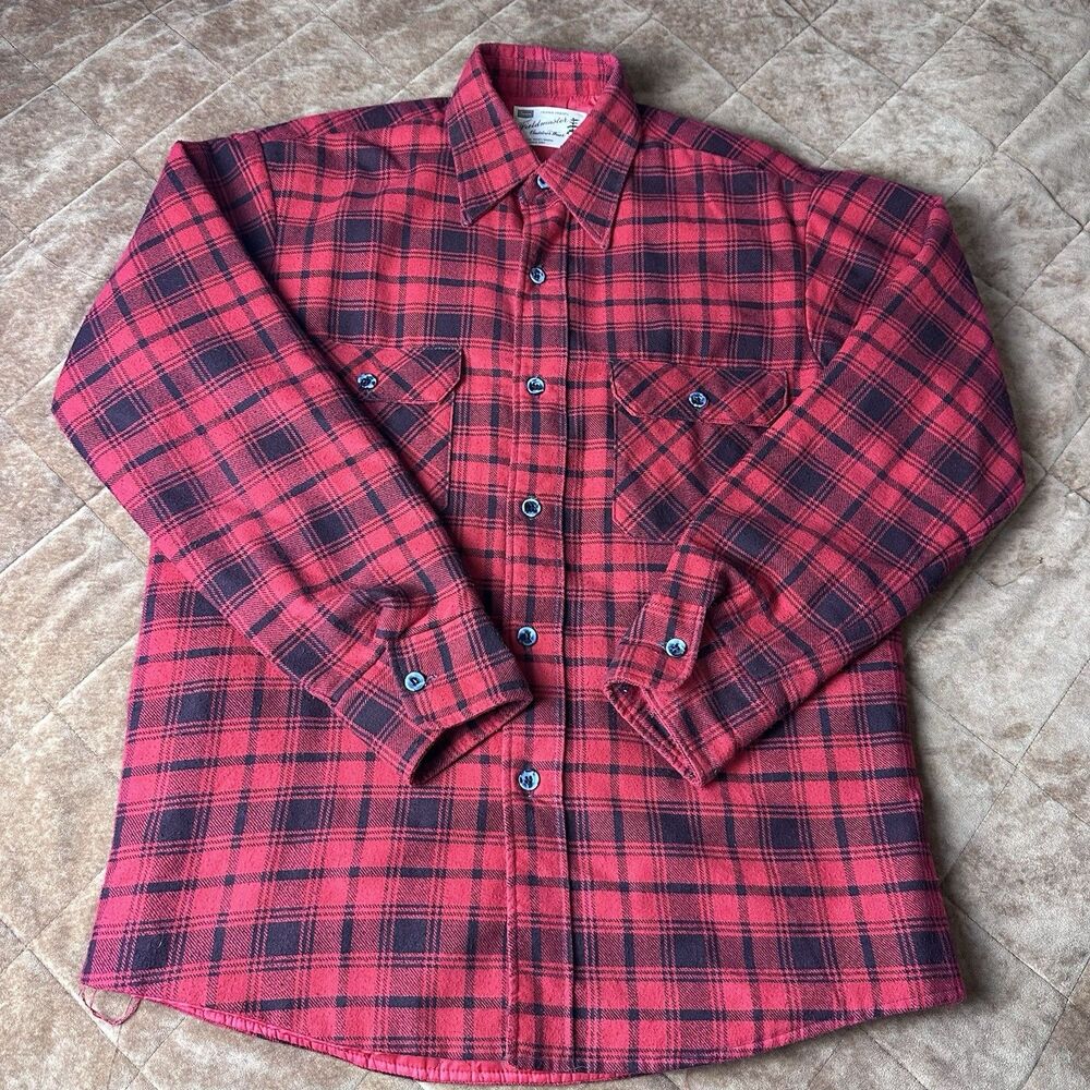 Vintage Sears Perma-Prest Mens Medium Red Plaid Flannel Shirt Button Down